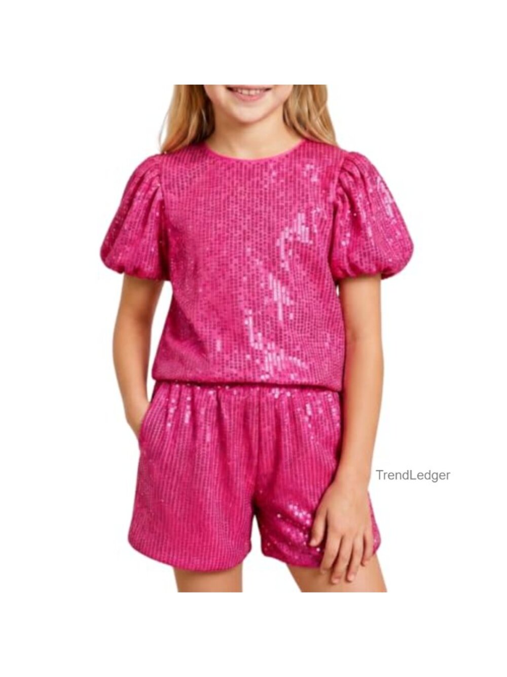 Girls 2 Piece Sequin Party Outfit Puff Sleeve Shirt & Shorts Set